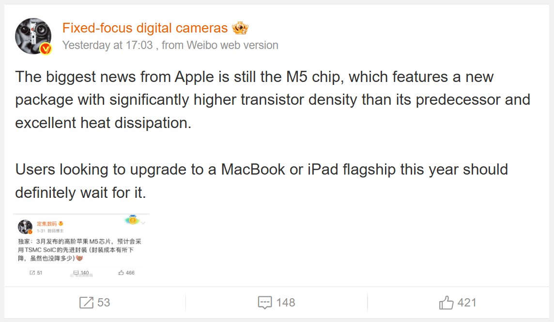 More details of Apple's M5 Pro and M5 Max have been shared by tipster