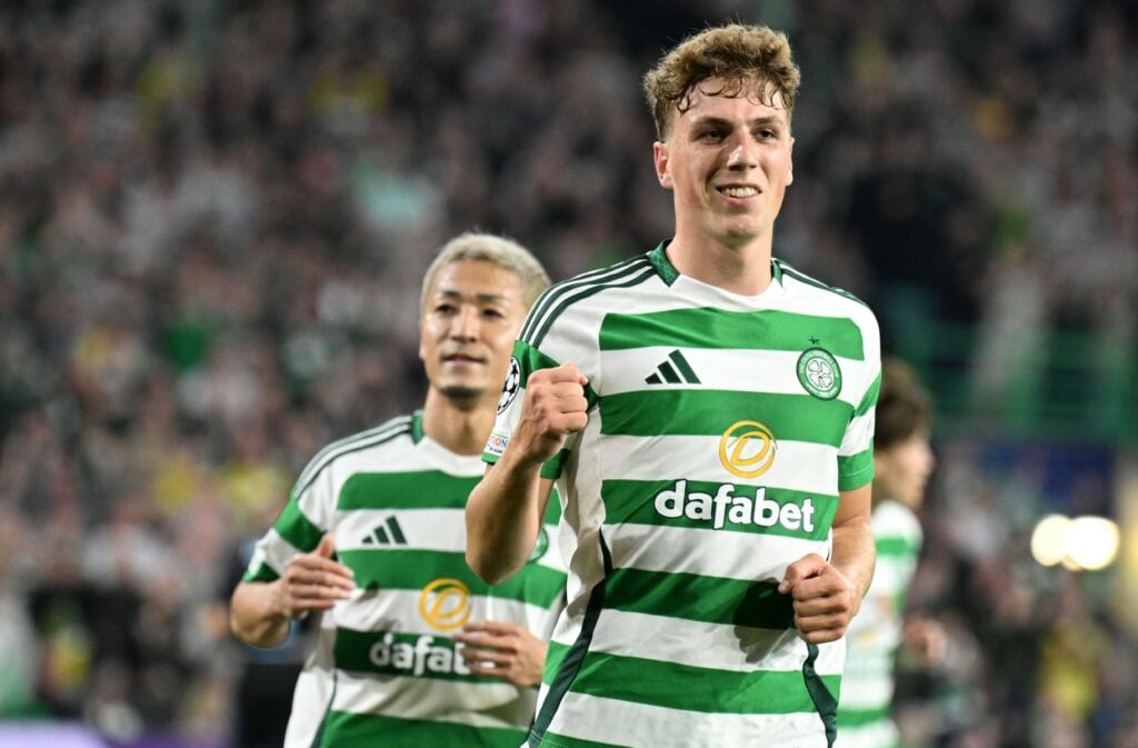 Arne Engels celebrates a goal for Celtic.