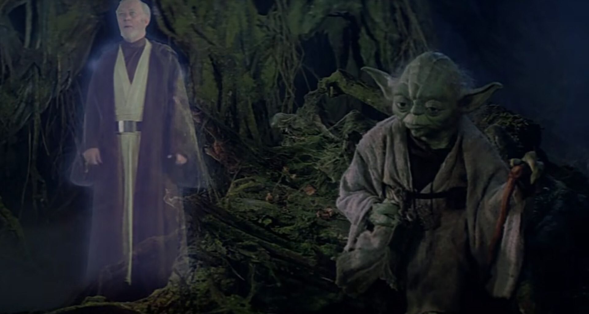 Obi-Wan Kenobi as a force ghost talking to Yoda