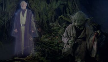 Obi-Wan Kenobi as a force ghost talking to Yoda