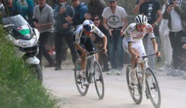 SIENA, ITALY - MARCH 08: (L-R) Tom Pidcock of The United Kingdom and Q36.5 Pro Cycling Team and Tadej Pogacar of Slovenia and UAE Team Emirates-XRG compete in the breakaway during the 19th Strade Bianche 2025, Men&amp;apos;s Elite a 213km one day race from Siena to Siena 320m / #UCIWT / on March 08, 2025 in Siena, Italy. (Photo by Luca Bettini - Pool/Getty Images)