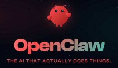 The OpenClaw logo, with its name and a catchphrase "the AI that actually does things."