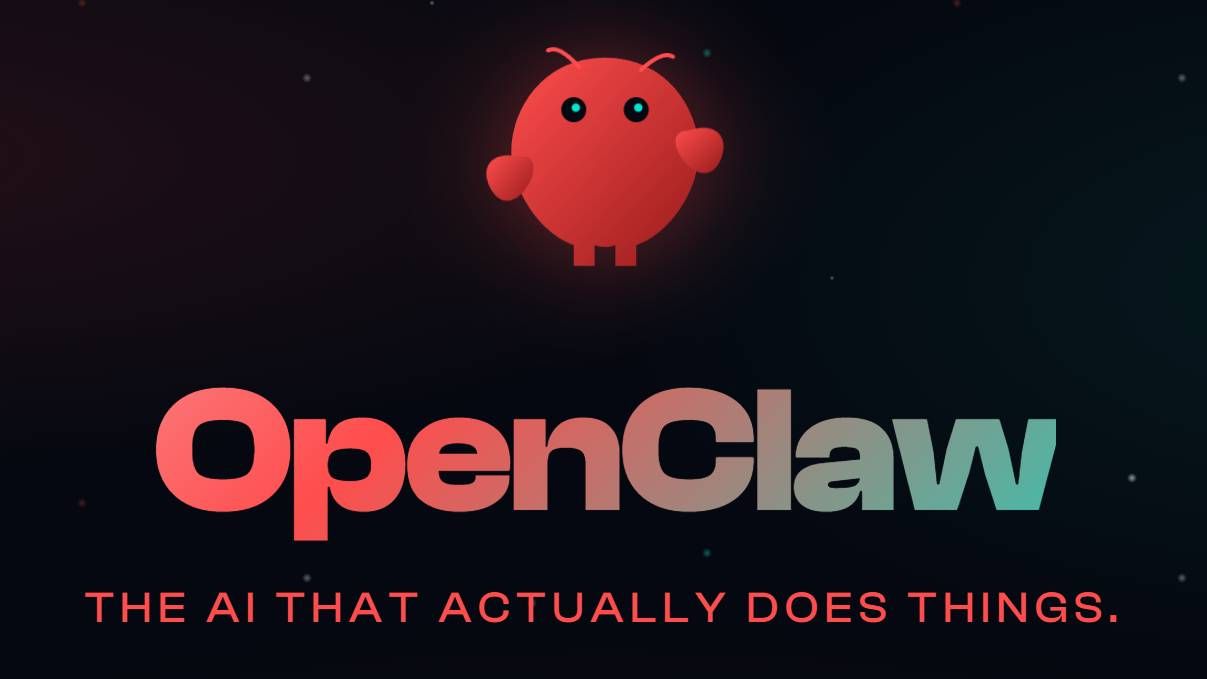 The OpenClaw logo, with its name and a catchphrase "the AI that actually does things."