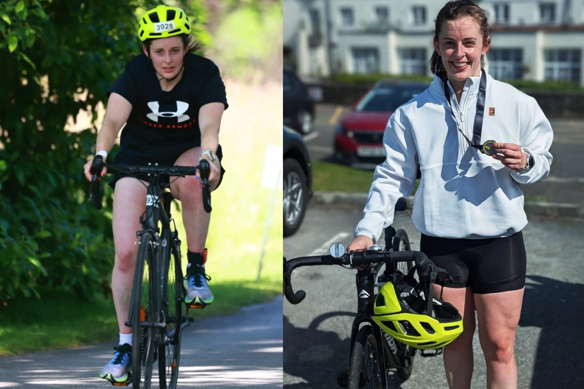 Hannah Burgon riding her old bike on the left and then with her new bike on the right