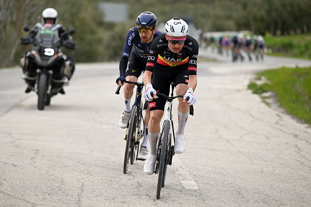 UBEDA, SPAIN - FEBRUARY 16: (L-R) Mark Donovan of Great Britain and Team Pinarello Q36.5 Pro Cycling and Tim Wellens of Belgium and UAE Team Emirates - XRG compete in the breakaway during the 5th Clasica Jaen Paraiso Interior 2026 a 154.2km one day race from Ubeda to Ubeda on February 16, 2026 in Ubeda, Spain. (Photo by Dario Belingheri/Getty Images)