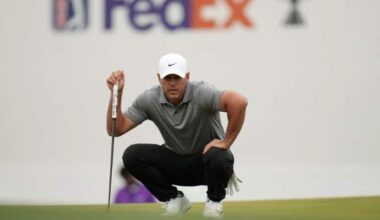 Brooks Koepka lines up a putt at the 16th green during the first round of the Phoenix Open golf tournament at the TPC Scottsdale Stadium Course Thursday, Feb. 5, 2026, in Scottsdale, Ariz. (AP Photo/Ross D. Franklin)