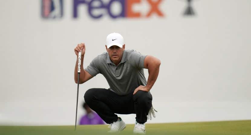 Brooks Koepka lines up a putt at the 16th green during the first round of the Phoenix Open golf tournament at the TPC Scottsdale Stadium Course Thursday, Feb. 5, 2026, in Scottsdale, Ariz. (AP Photo/Ross D. Franklin)