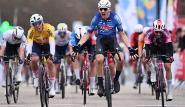 BESSEGES, FRANCE - FEBRUARY 06: Henri Uhlig of Germany and Team Alpecin-Premier Tech (C) celebrates at finish line as stage winner ahead of (L-R) Lukas Kubis of Slovakia and Team Unibet Rose Rockets - Yellow Points Jersey and Louis Hardouin of France and Team Van Rysel Roubaix during the 56th Etoile de Besseges - Tour du Gard 2026, Stage 3 a 162.3km stage from Besseges to Besseges on February 06, 2026 in Besseges, France. (Photo by Luc Claessen/Getty Images)