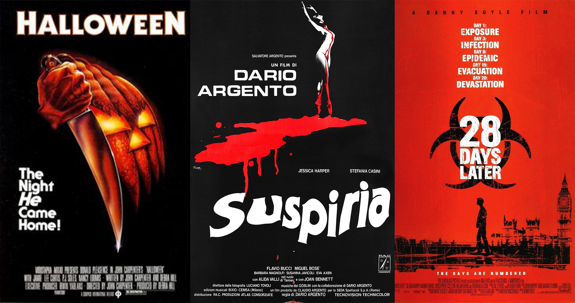 Posters for Halloween, Suspirira and 28 Days Later