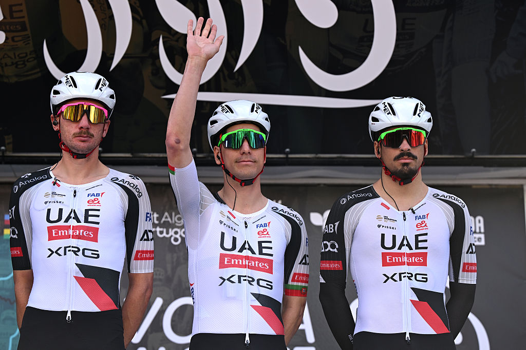 VILA REAL DE SANTO ANTONIO, PORTUGAL - FEBRUARY 18: (L-R) Brandon McNulty of United States, Joao Almeida of Portugal and Antonio Morgado of Portugal and UAE Team Emirates - XRG prior to the 52nd Volta ao Algarve em Bicicleta 2026 - Stage 1 a 183.5km stage from Vila Real de Santo Antonio to Tavira on February 18, 2026 in Vila Real de Santo Antonio, Portugal. (Photo by Dario Belingheri/Getty Images)