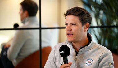 Belgian Jasper Stuyven with a microphone in casual dress makes a first appearance with Soudal-QuickStep in 2026 at media day in January