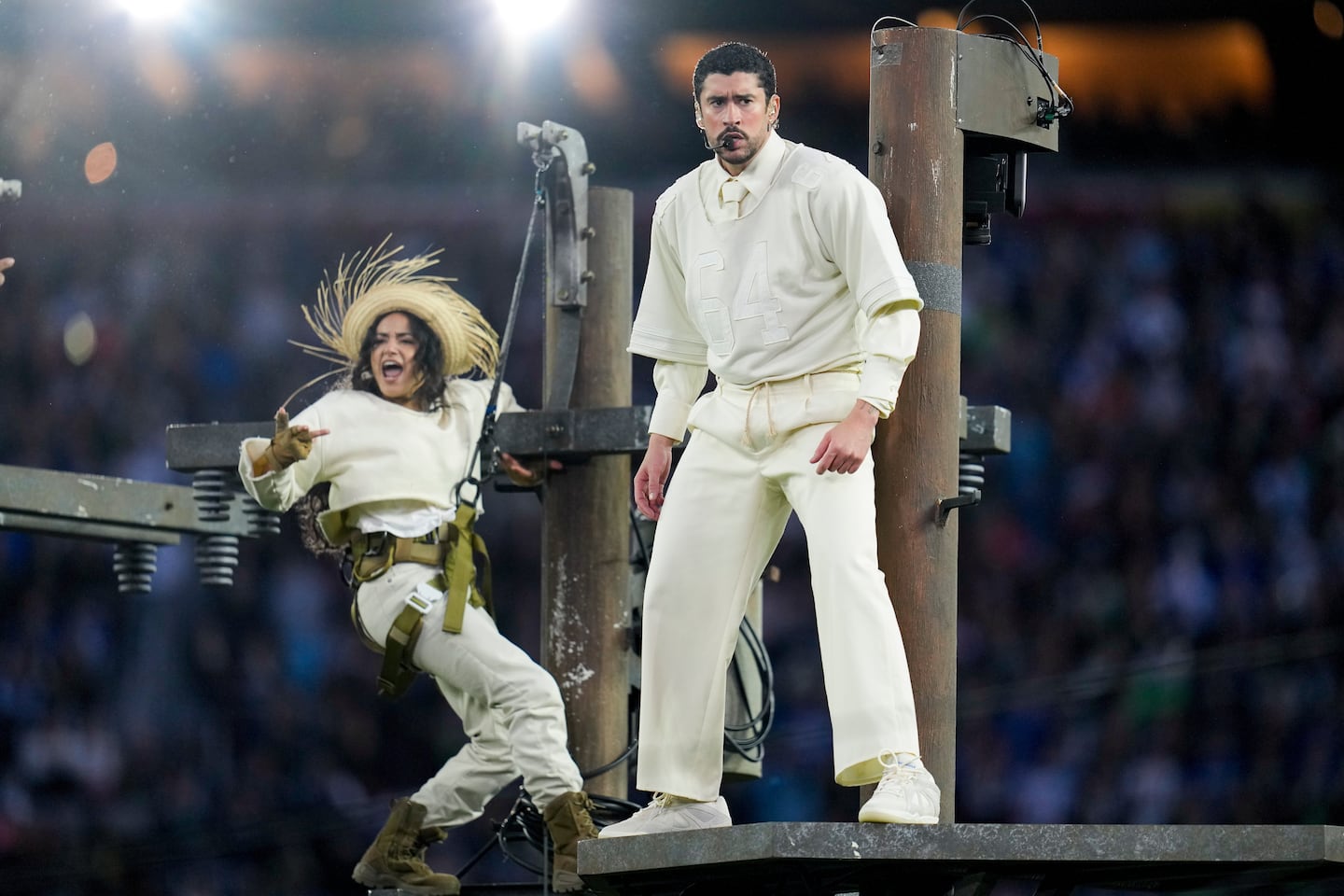 Bad Bunny performed during halftime of the NFL Super Bowl 60 football game between the New England Patriots and the Seattle Seahawks, Sunday= in Santa Clara, Calif. 