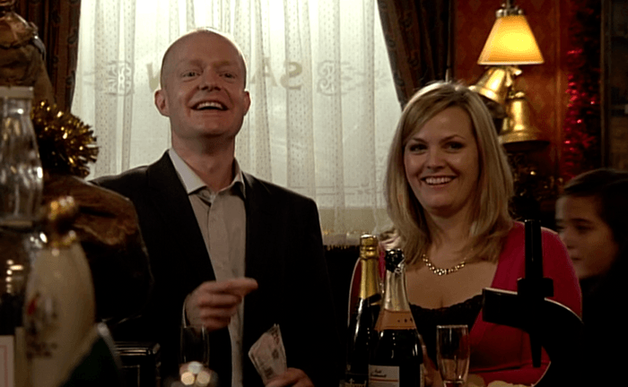 Jake Wood as Max Branning and Jo Joyner as Tanya Branning stand by the bar in the Queen Vic pub in EastEnders in the Queen Vic pub in 2006.