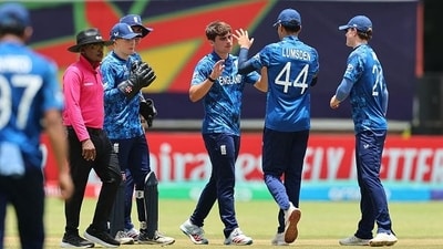 England Under 19 team celebrating the catch of Vihaan Malhotra. (AFP)