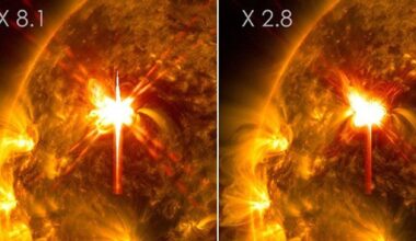 A spacecraft image of a bright orange flare erupting from the sun
