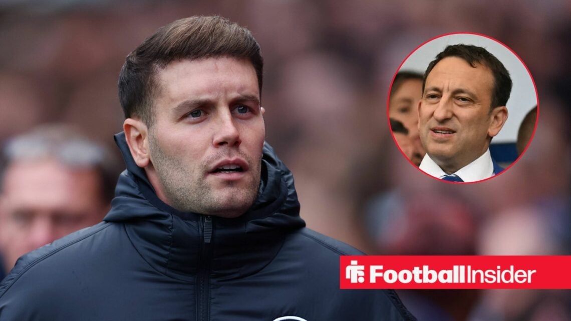 Fabian Hurzeler on the sidelines at Brighton, with Tony Bloom in a circular inset