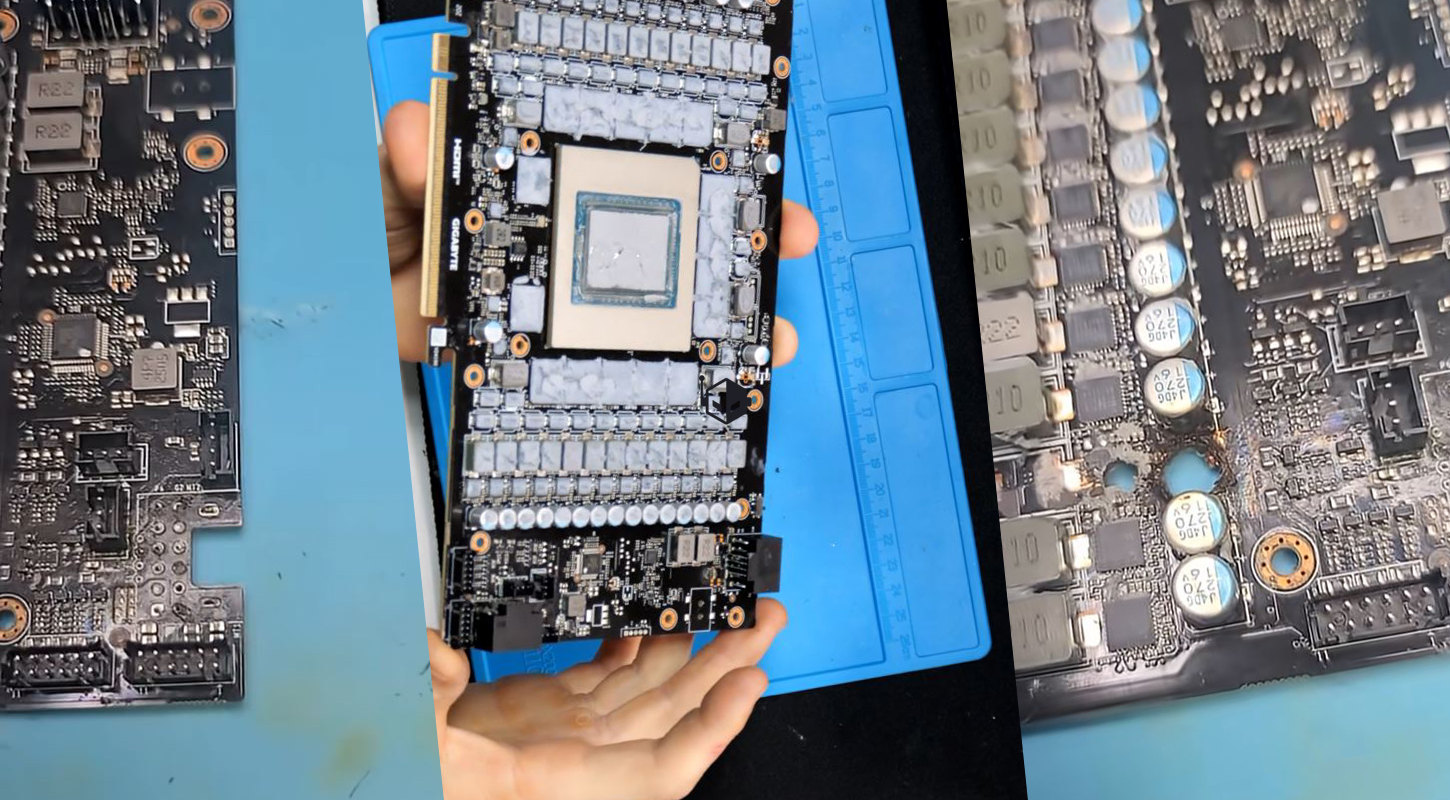 A person holds a disassembled Gigabyte graphics card, showing its exposed circuitry and GPU chip on a blue anti-static mat.