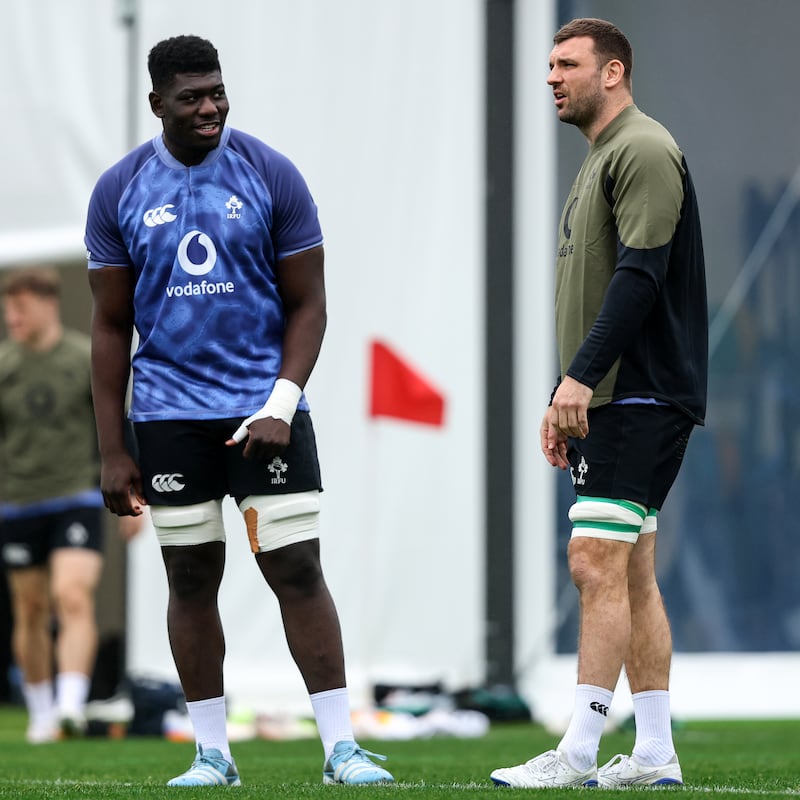 Munster team-mates Edwin Edogbo with Tadhg Beirne during Ireland's pre-tournament training camp in Portugal. Photograph: Ben Brady/Inpho