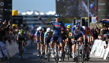 LAGOS, PORTUGAL - FEBRUARY 21: (L-R) Paul Magnier of France and Team Soudal Quick-Step celebrates at finish line as stage winner ahead of Jordi Meeus of Belgium and Team Red Bull - BORA - hansgrohe during the 52nd Volta ao Algarve em Bicicleta 2026, Stage 4 a 175.1km stage from Albufeira to Lagos on February 21, 2026 in Lagos, Portugal. (Photo by Dario Belingheri/Getty Images)