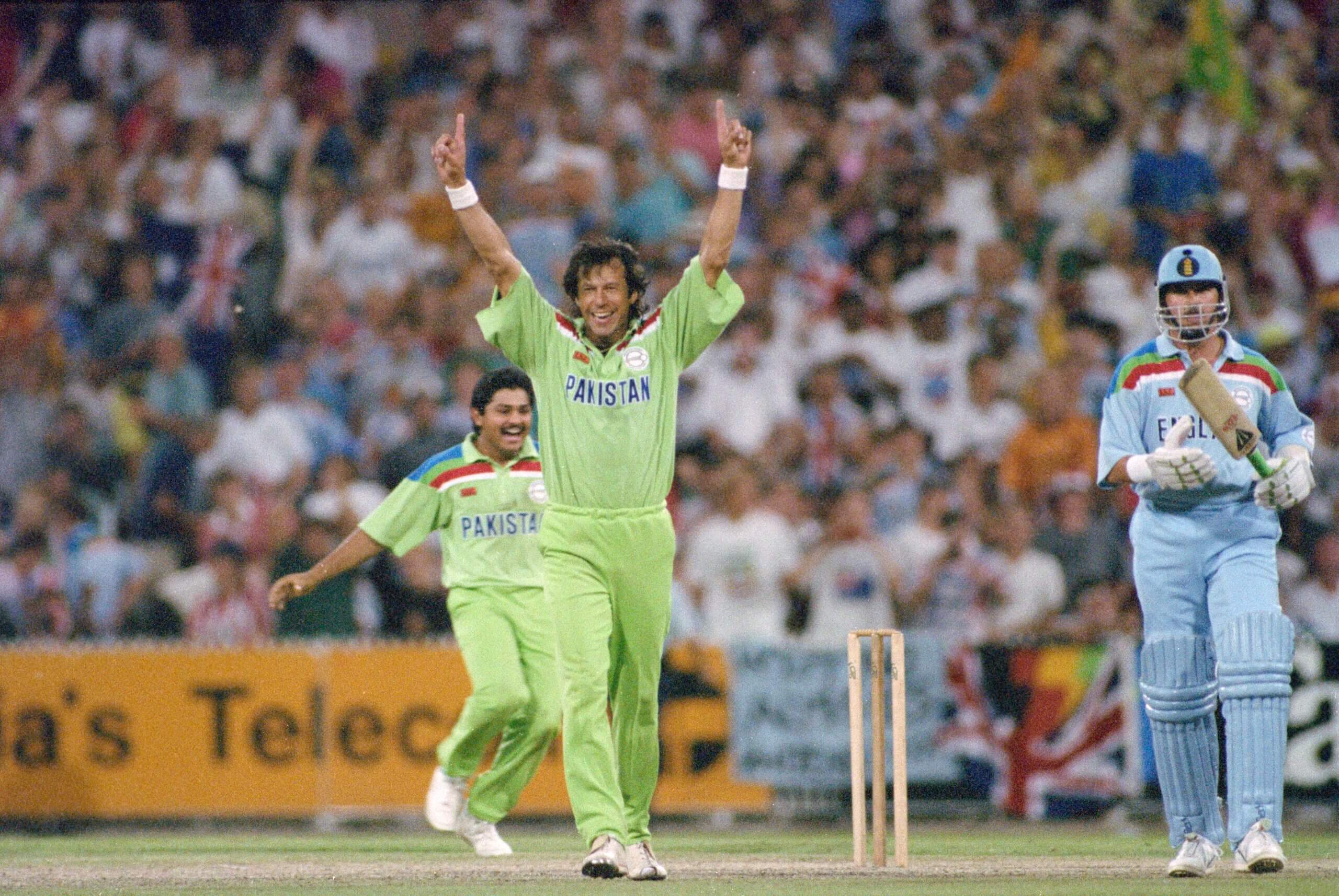 Khan celebrates after winning the 1992 World Cup for Pakistan