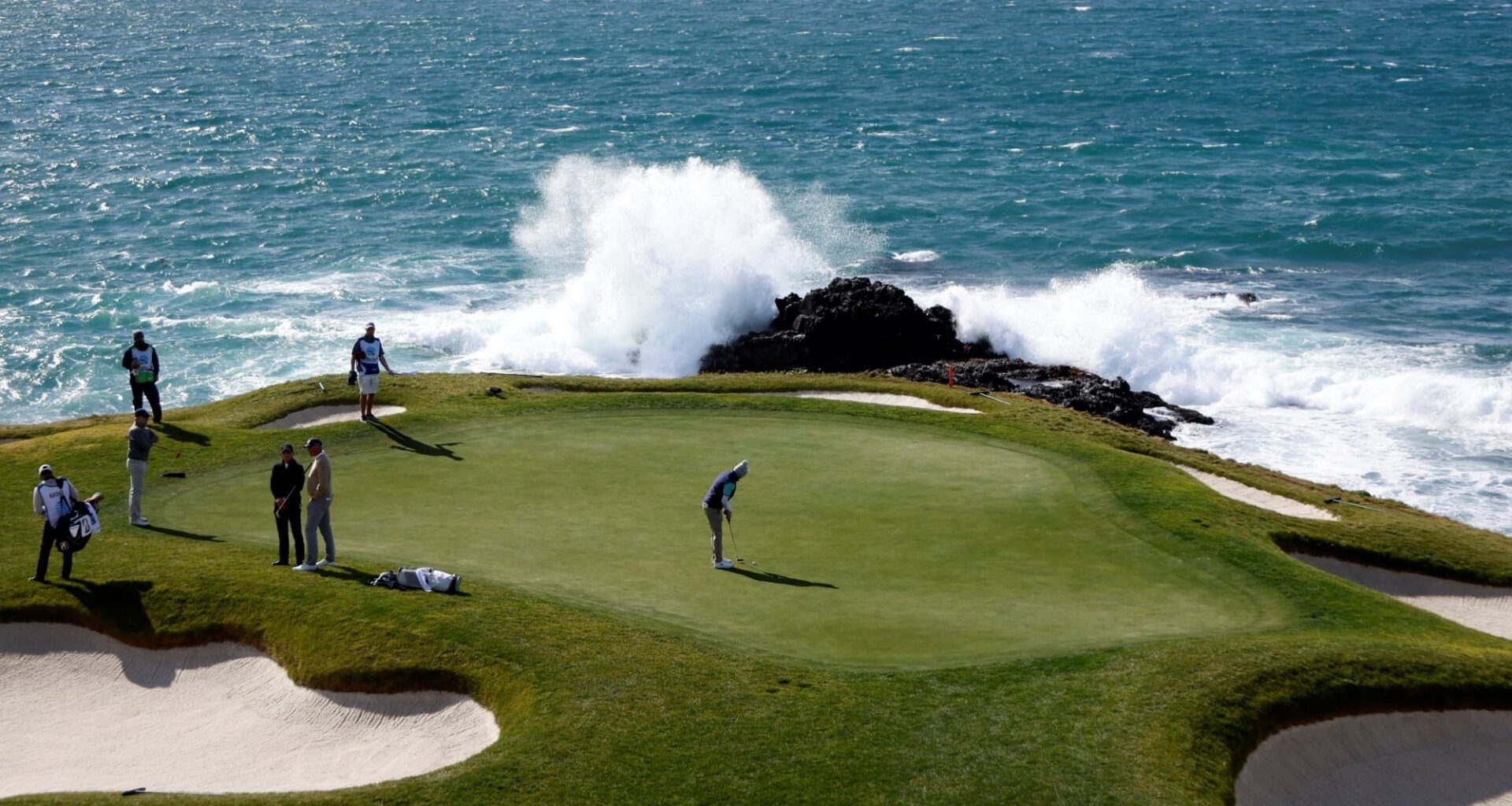 Aerial view of players ate Pebble Beach Golf Links
