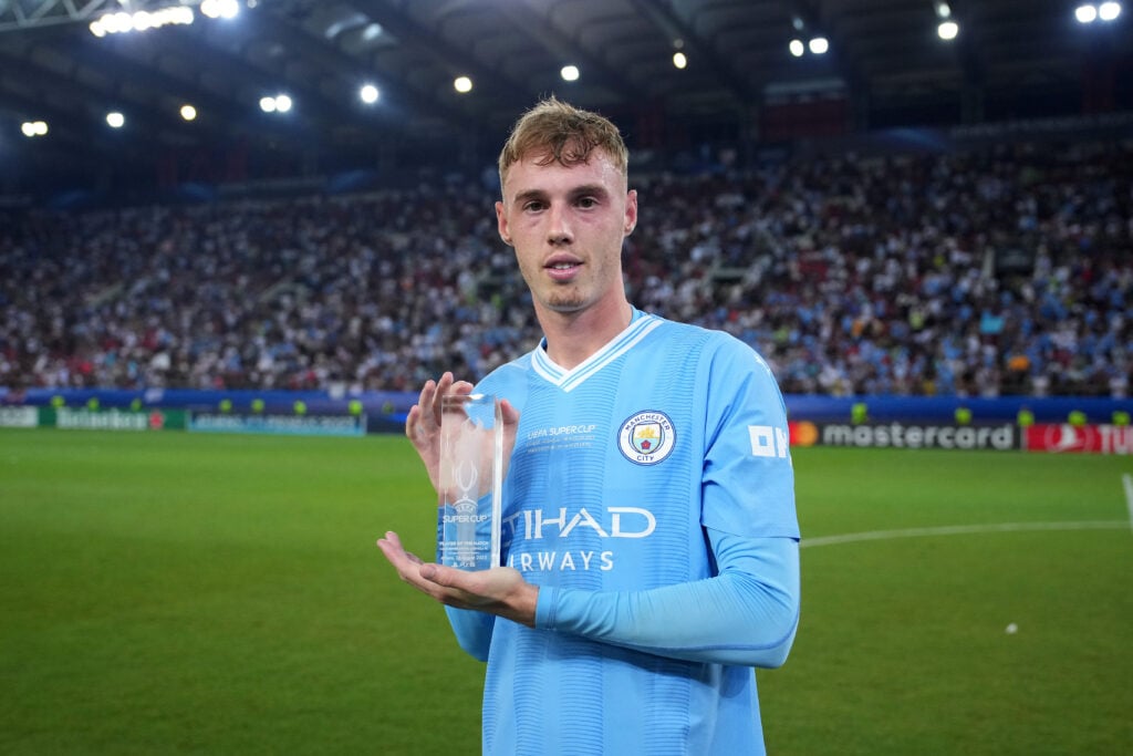 Cole Palmer with the Player of the Match award after Manchester City beat Sevilla in the Super Cup.