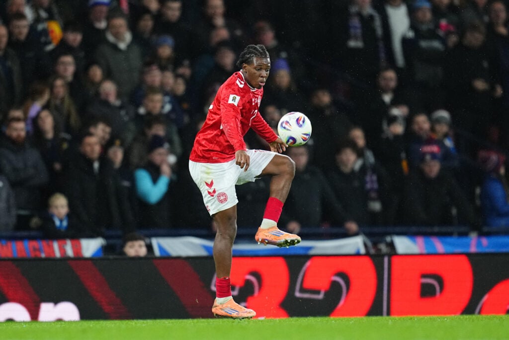Patrick Dorgu playing against Scotland