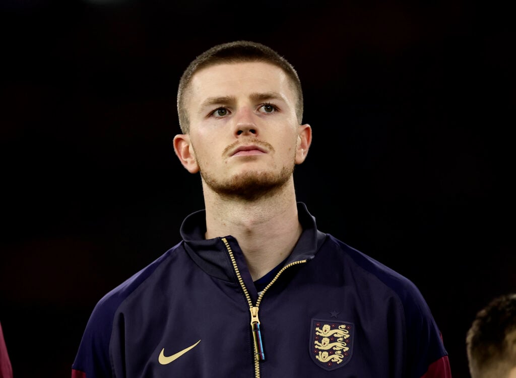 Adam Wharton playing against Albania for England.