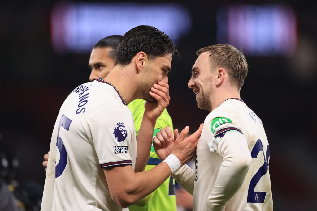 Konstantinos Mavropanos talks to Jarrod Bowen after West Ham draw with Manchester United.