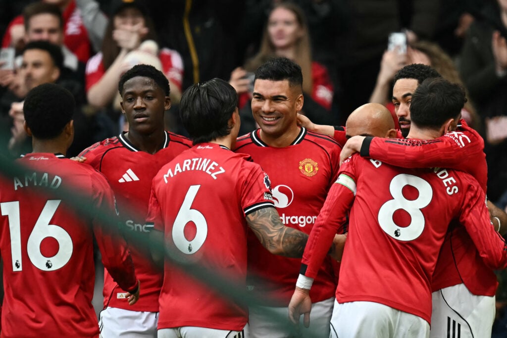 Casemiro celebrates with his teammates during the Premier League football match between Manchester United and Fulham at Old Trafford in Manchester, England, in 2026.