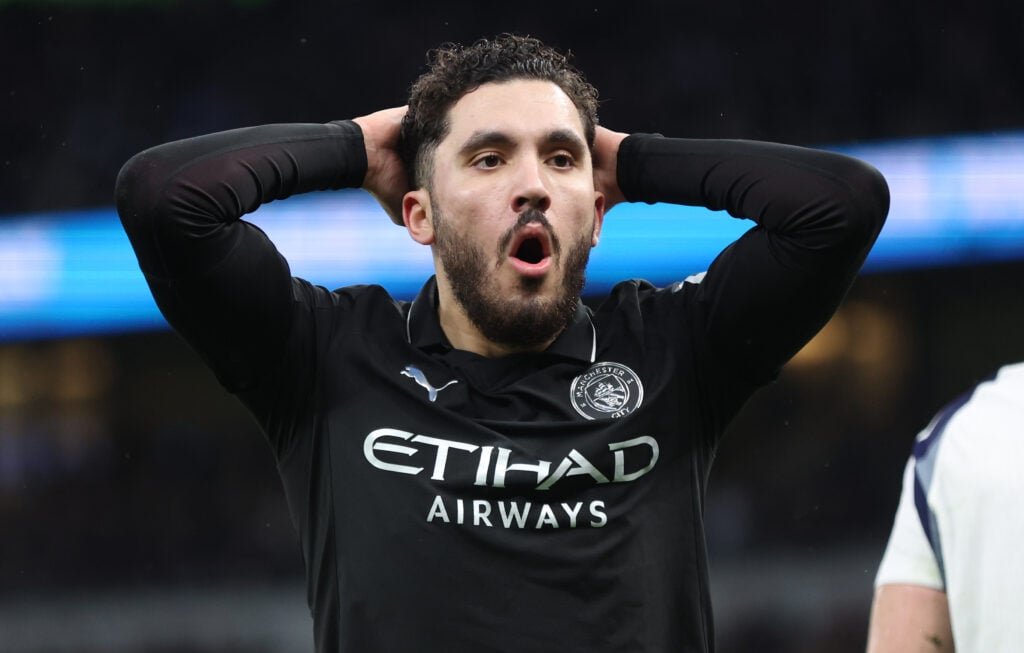 Rayan Cherki puts his hands on his head after a near miss during Manchester City's Premier League match at the Tottenham Hotspur Stadium