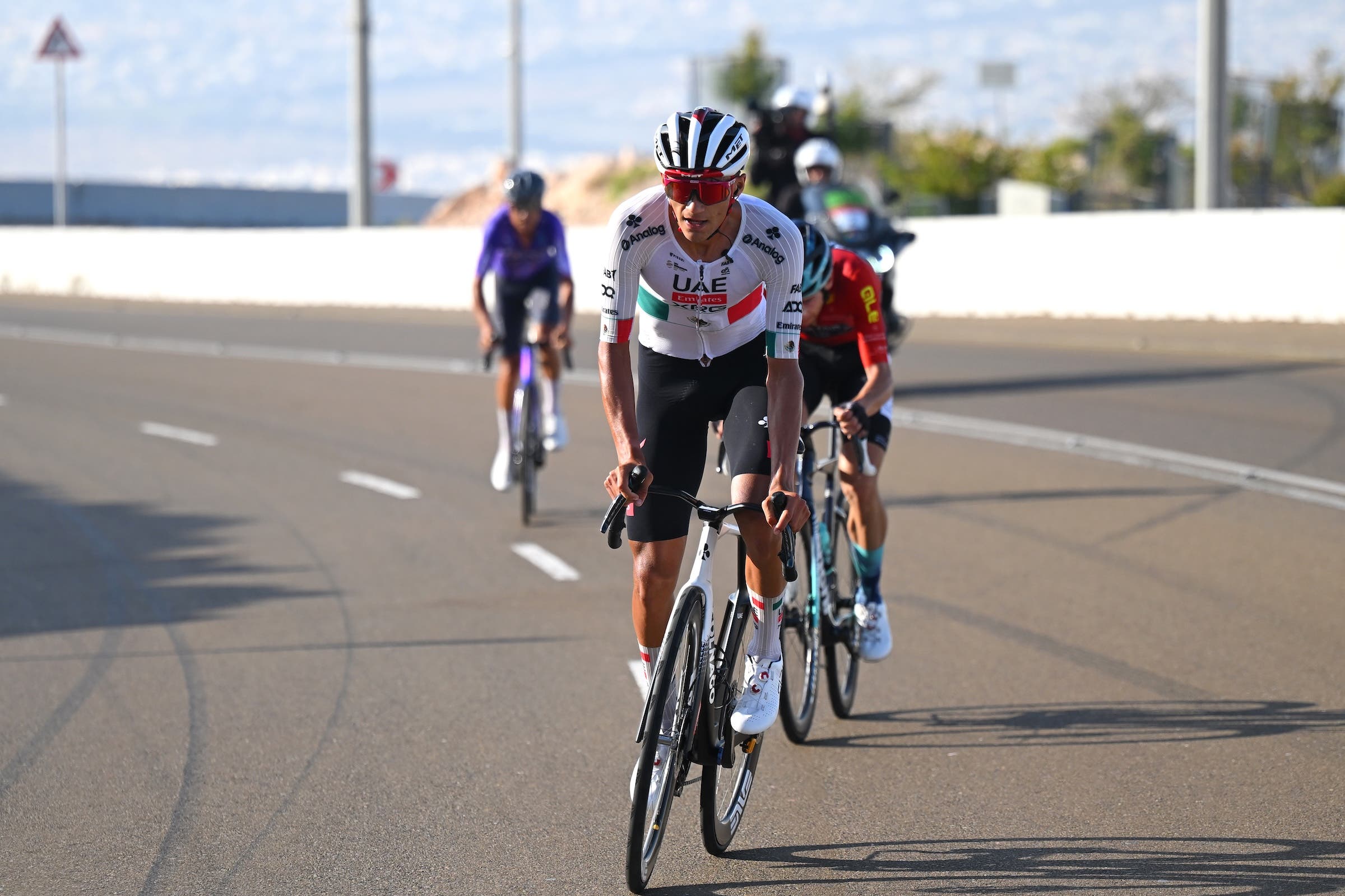 Isaac Del Toro (UAE Team Emirates - XRG) makes his winning move on stage 6 of the UAE Tour on February 21, 2026 (Photo: Tim de Waele/Getty Images)