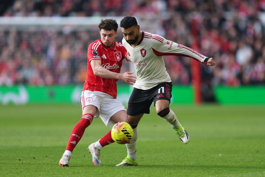 Mohamed Salah battles with Neco Williams for the ball during Liverpool's Premier League match against Nottingham Forest at the City Ground