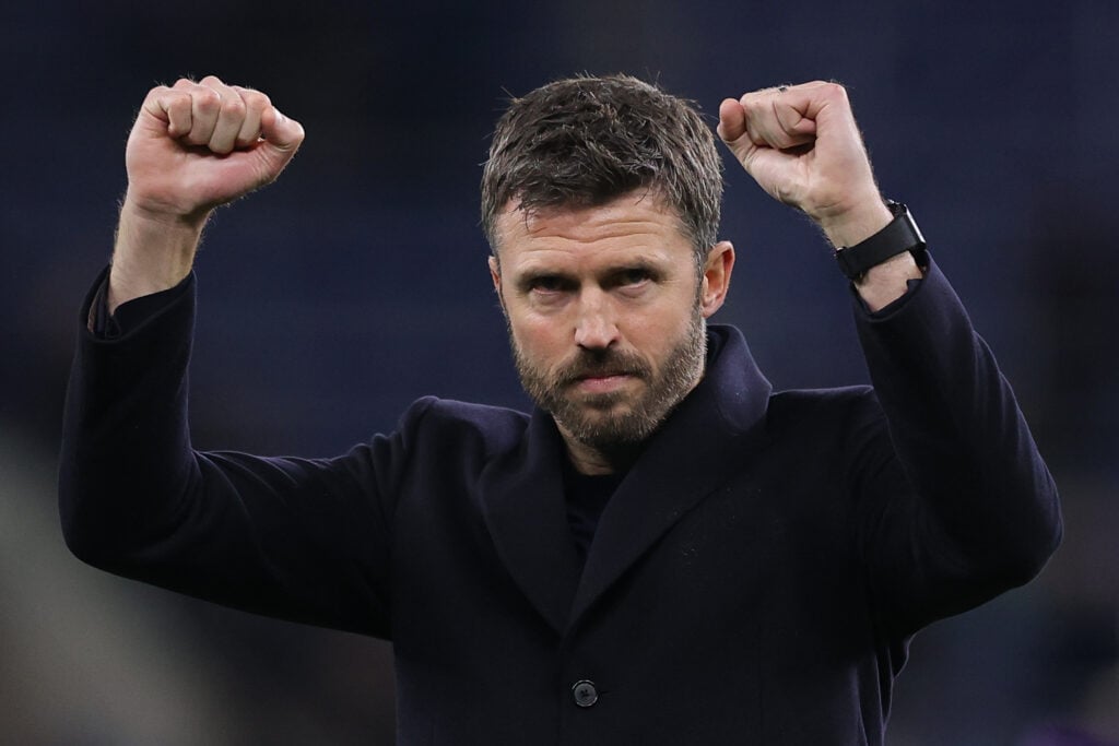 Michael Carrick celebrates after the Premier League match between Everton and Manchester United at the Hill Dickinson Stadium in 2026 in Liverpool, England.