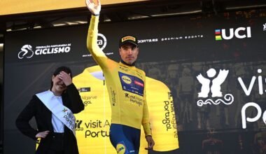 FOIA, PORTUGAL - FEBRUARY 19: Juan Ayuso of Spain and Team Lidl - Trek celebrates at podium as Yellow Leader Jersey winner during the 52nd Volta ao Algarve em Bicicleta 2026, Stage 2 a 183.5km stage from Portimao to Foia (Monchique) 882m on February 19, 2026 in Foia, Portugal. (Photo by Dario Belingheri/Getty Images)
