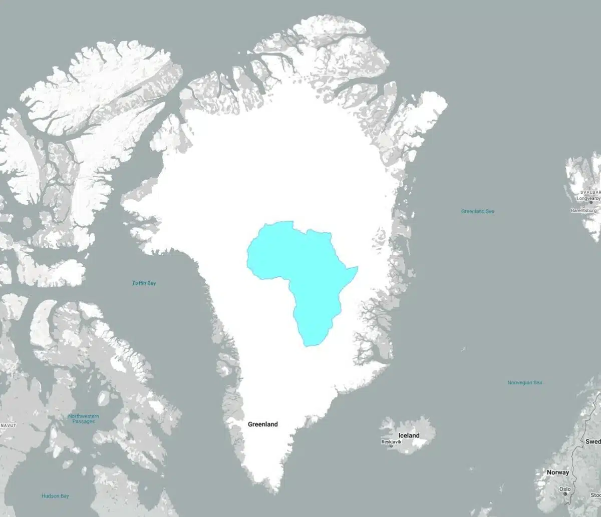 Greenland's True Size Is Distorted On The Mercator Projection, Especially When Compared To Africa.