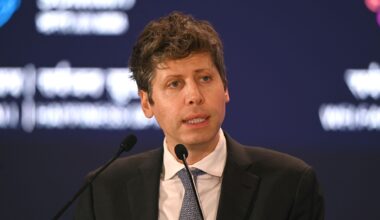 Sam Altman, CEO of OpenAI, pictured speaking at the AI Impact Summit in New Delhi, India.