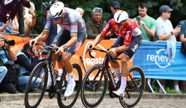 Dutch Mathieu van der Poel of Alpecin-Deceuninck and Belgian Arnaud De Lie of Lotto Cycling Team pictured in action during the third stage of the 'Renewi Tour' multi-stage cycling race, from Aalter to Geraardsbergen (179,9 km) on Friday 22 August 2025. The five-day race takes place in Belgium and the Netherlands. BELGA PHOTO DAVID PINTENS (Photo by DAVID PINTENS / BELGA MAG / Belga via AFP)