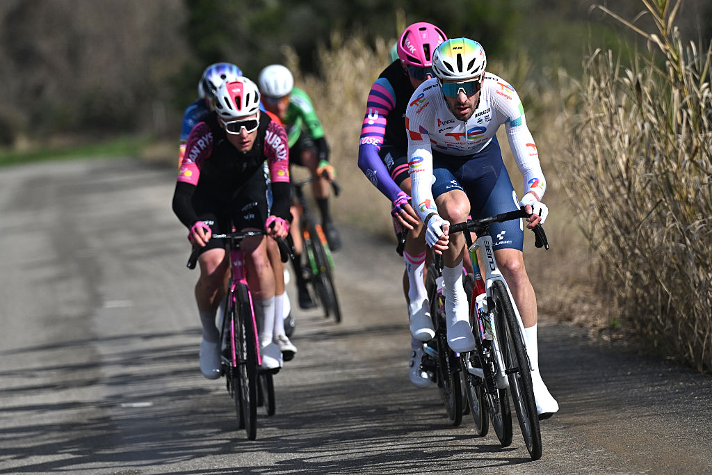 BESSEGES, FRANCE - FEBRUARY 06: Alexys Brunel of France and Team TotalEnergies competes in the breakaway during the 56th Etoile de Besseges - Tour du Gard 2026, Stage 3 a 162.3km stage from Besseges to Besseges on February 06, 2026 in Besseges, France. (Photo by Luc Claessen/Getty Images)