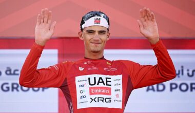ABU DHABI, UNITED ARAB EMIRATES - FEBRUARY 16: Isaac Del Toro of Mexico and UAE Team Emirates - XRG celebrates at podium as Red Leader Jersey winner during the 8th UAE Tour 2026, Stage 1 a 144km stage from Madinat Zayed Majlis to Liwa Palace on February 16, 2026 in Abu Dhabi, United Arab Emirates. (Photo by Tim de Waele/Getty Images)