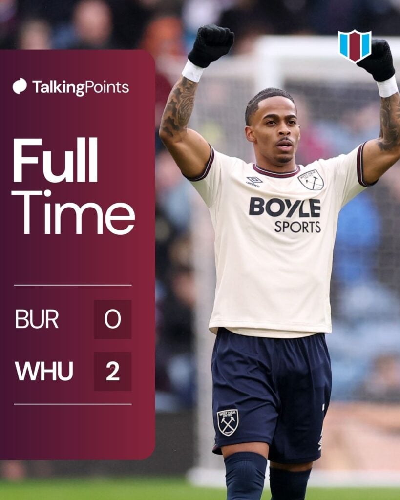 A graphic showing the full-time score between Burnley and West Ham (0-2) in the Premier League on 07/02/2026.