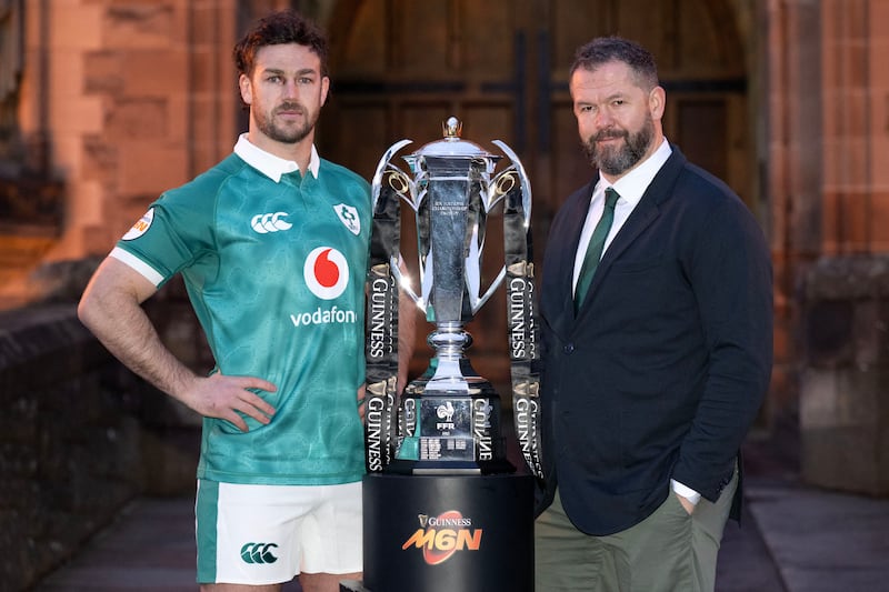Caelan Doris and Andy Farrell with the Six Nations trophy at the tournament's media launch in Edinburgh on Monday. Photograph: Lesley Martin/AFP/Getty