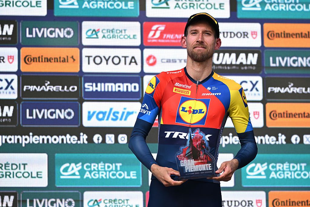 ACQUI TERME, ITALY - OCTOBER 09: Bauke Mollema of Netherlands and Team Lidl - Trek on third place poses on the podium ceremony after the 109th Gran Piemonte 2025 a 179km one day race from Dogliani to Acqui Terme on October 09, 2025 in Acqui Terme, Italy. (Photo by Dario Belingheri/Getty Images)
