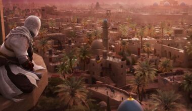 Assassin's Creed Mirage &mdash; Basim looks out across Baghdad at sunset while perched on a balcony.