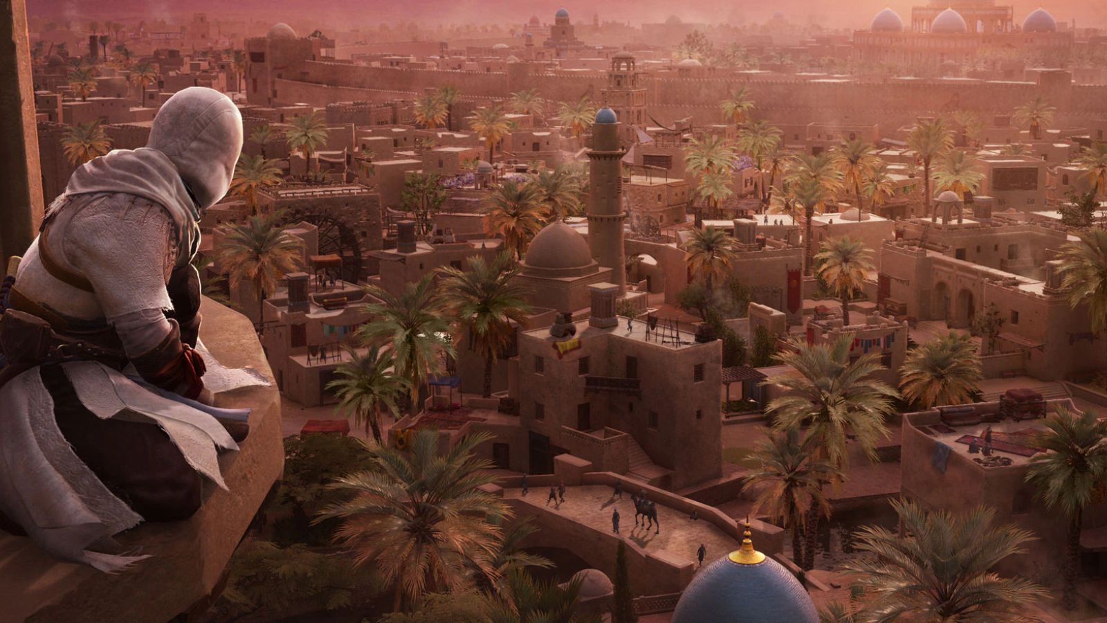 Assassin's Creed Mirage &mdash; Basim looks out across Baghdad at sunset while perched on a balcony.