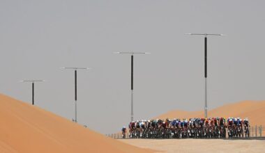 ABU DHABI, UNITED ARAB EMIRATES - FEBRUARY 16: A general view of the peloton passing through a landscape during the 8th UAE Tour 2026, Stage 1 a 144km stage from Madinat Zayed Majlis to Liwa Palace on February 16, 2026 in Abu Dhabi, United Arab Emirates.