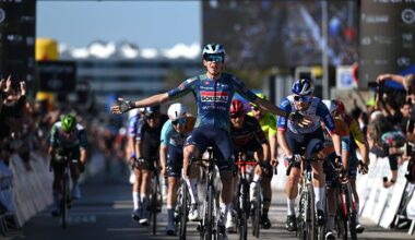 LAGOS, PORTUGAL - FEBRUARY 21: (L-R) Paul Magnier of France and Team Soudal Quick-Step celebrates at finish line as stage winner ahead of Jordi Meeus of Belgium and Team Red Bull - BORA - hansgrohe during the 52nd Volta ao Algarve em Bicicleta 2026, Stage 4 a 175.1km stage from Albufeira to Lagos on February 21, 2026 in Lagos, Portugal. (Photo by Dario Belingheri/Getty Images)
