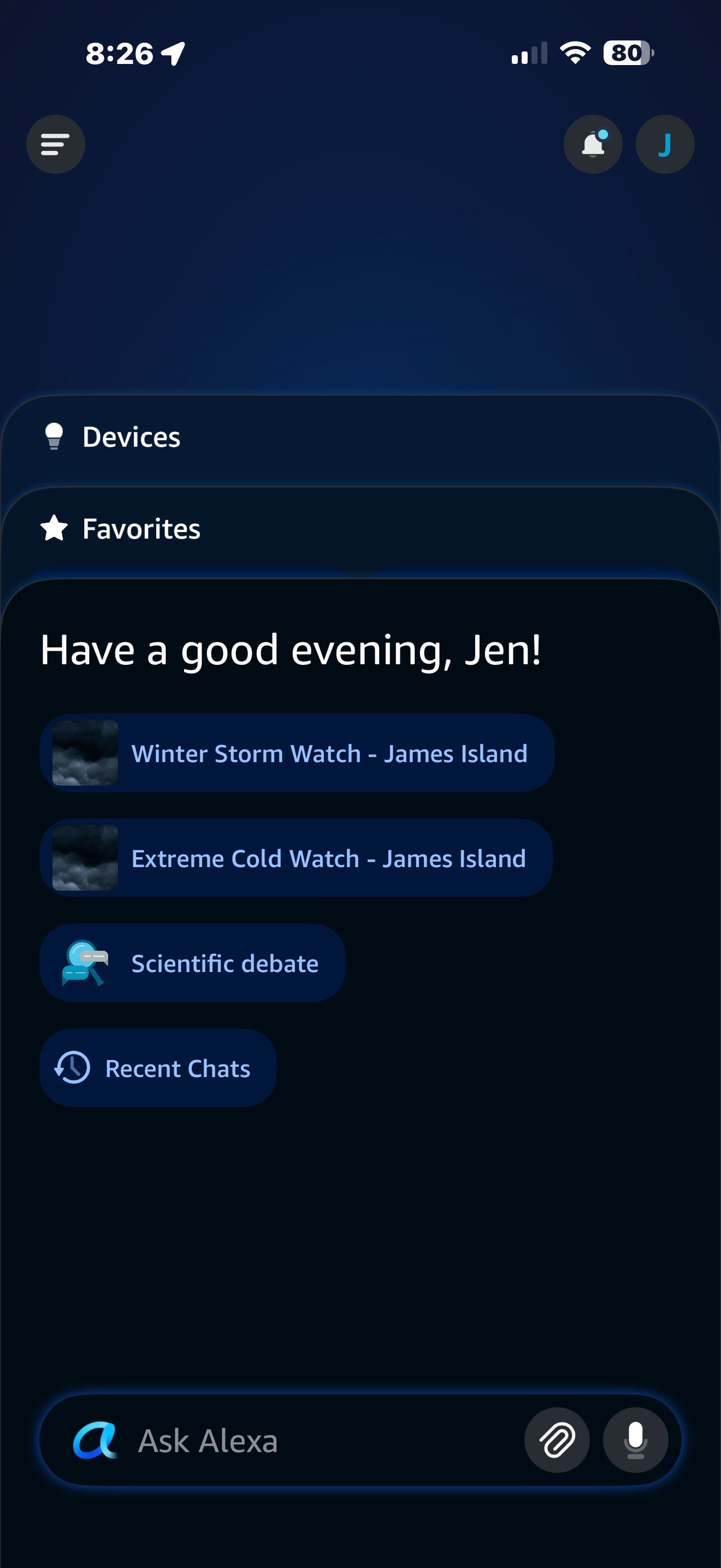 The Alexa mobile app’s new launch page puts the chatbot front and center.
