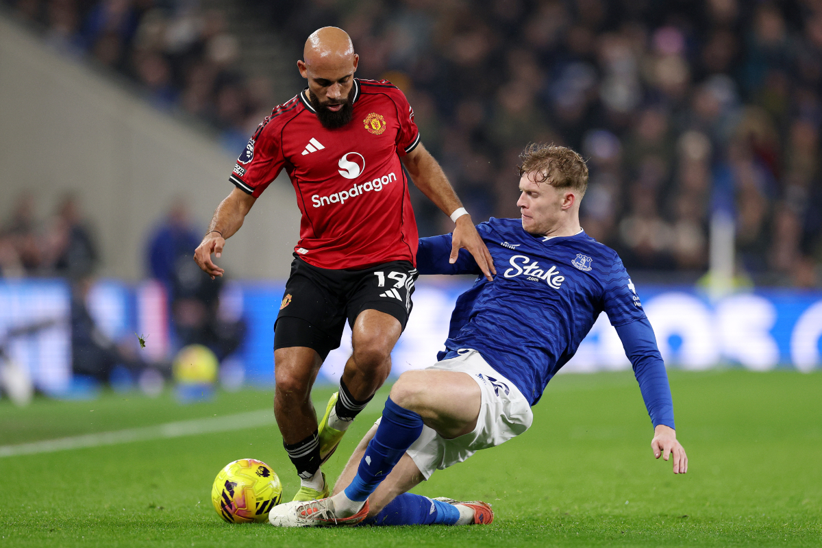 Bryan Mbeumo is challenged by Everton’s Jarrad Branthwaite. 