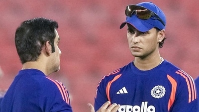 Indian team head coach Gautam Gambhir in conversation with Abhishek Sharma during a practice session (HT_PRINT)